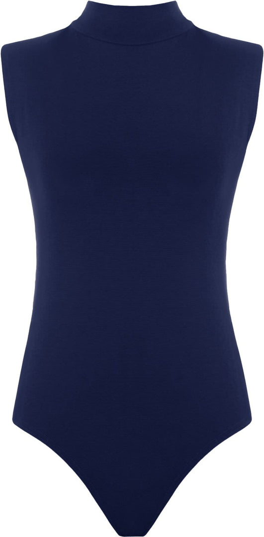 Womens Polo Turtle Neck Bodysuit Ladies Sleeveless Leotard Plain Stretchy Plunge Casual Party T-Shirt Top Sizes 16-22