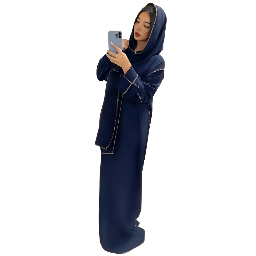 LUXE DIVA Womens Gold Trim Dubai Abaya With Scarf Islamic Muslim Jilbab Long Maxi Dress