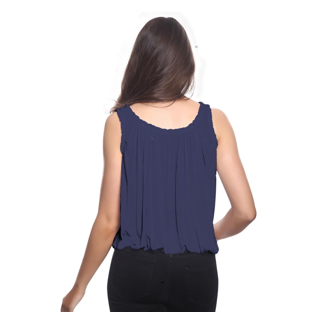 LUXE DIVA Women’s Gathered Round Scoop Neckline Swing Trim Sleeveless Plain Tank Top Wide Straps Ladies Elastic Bubble Hem Summer Camisole Baggy Vest Blouse Top