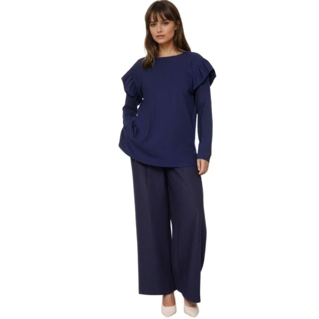 LUXE DIVA Ladies Frill arm Long Sleeve 2pcs Women's Wide Flared Leggings Trouser Loungewear Suit