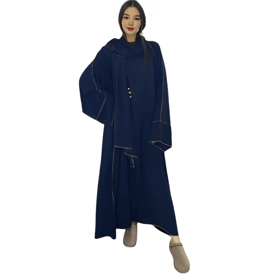 LUXE DIVA Womens Gold Trim Dubai Abaya With Scarf Islamic Muslim Jilbab Long Maxi Dress