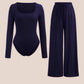 LUXE DIVA Ladies scoop neck Ribbed Long sleeve bodysuit & elasticated wide leg trouser two piece set