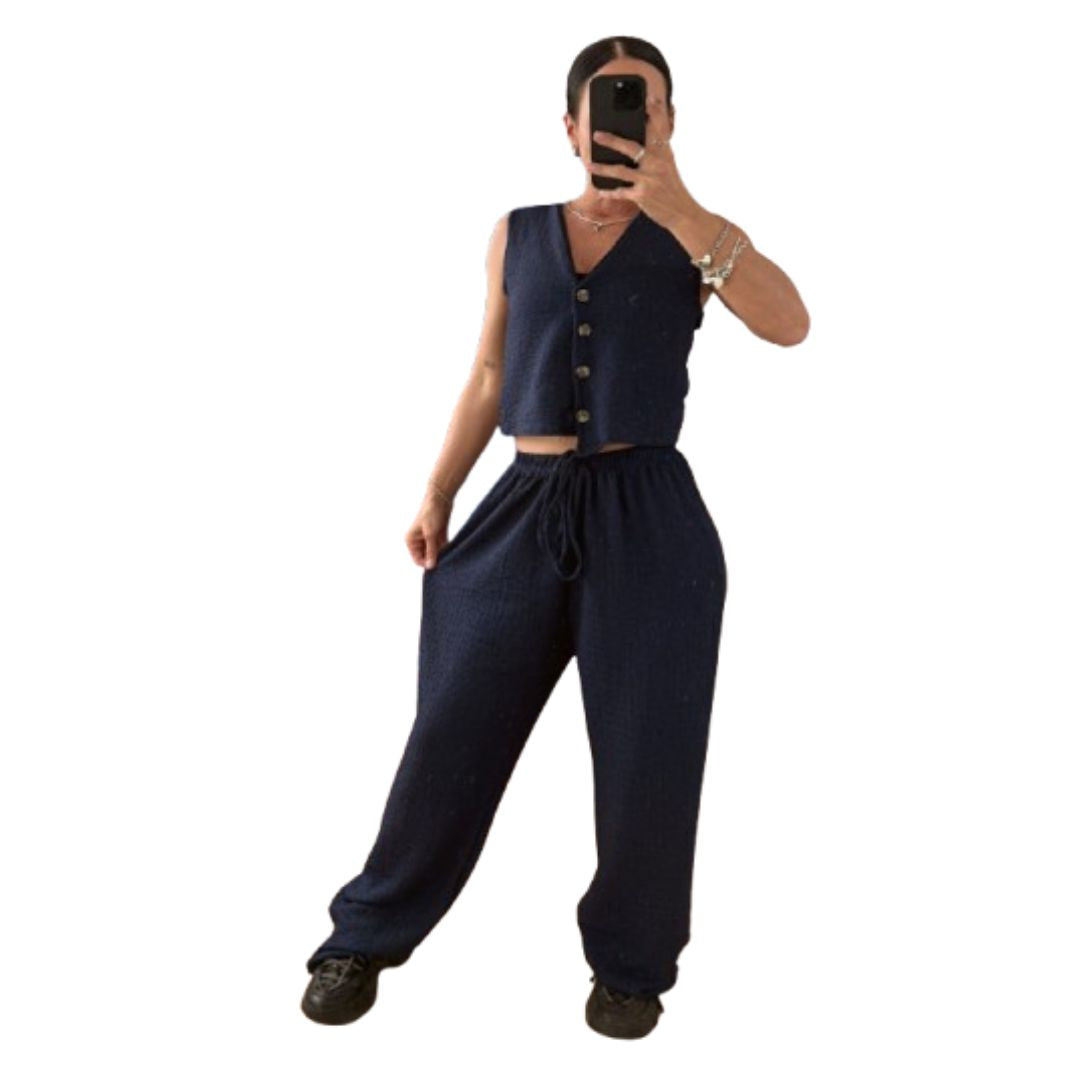 LUXE DIVA New Two Piece Wide Leg Pants Set Women's Spring New V-Neck Sleeveless Vest with Hanging Wide Leg Pants Casual Set
