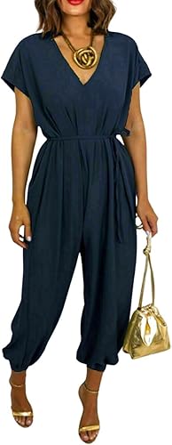 LUXE DIVA Women's V Neck Wrap Over Ankle Tie Waist Jumpsuit Ladies Harem Wide Leg Playsuit