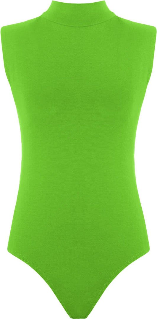 Womens Polo Turtle Neck Bodysuit Ladies Sleeveless Leotard Plain Stretchy Plunge Casual Party T-Shirt Top Sizes 16-22