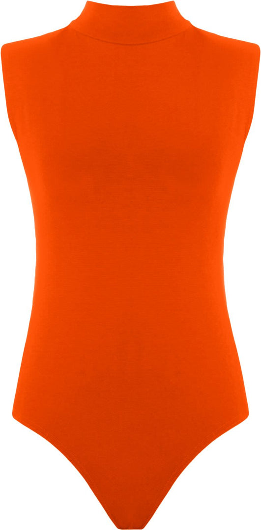 Womens Polo Turtle Neck Bodysuit Ladies Sleeveless Leotard Plain Stretchy Plunge Casual Party T-Shirt Top Sizes 16-22