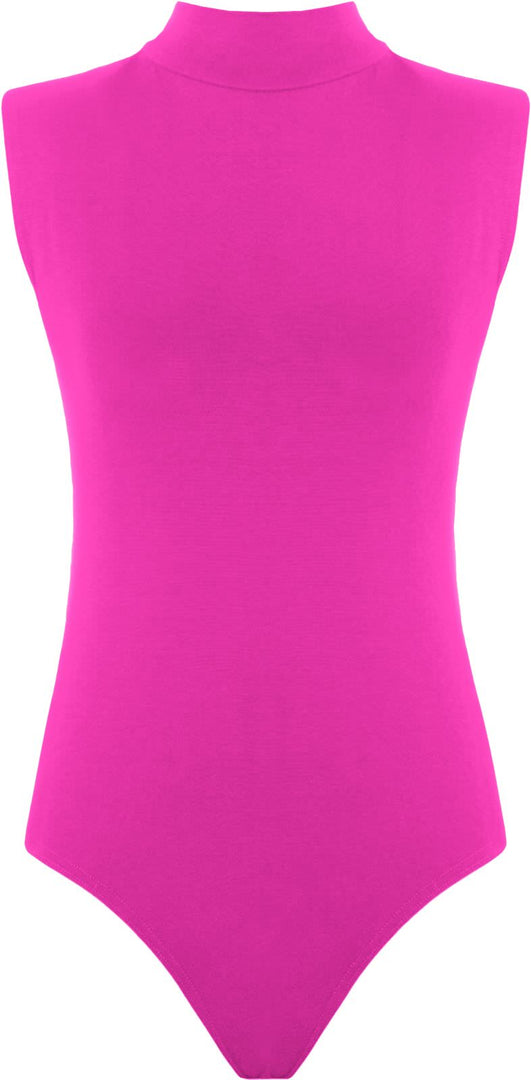 Womens Polo Turtle Neck Bodysuit Ladies Sleeveless Leotard Plain Stretchy Plunge Casual Party T-Shirt Top Sizes 16-22