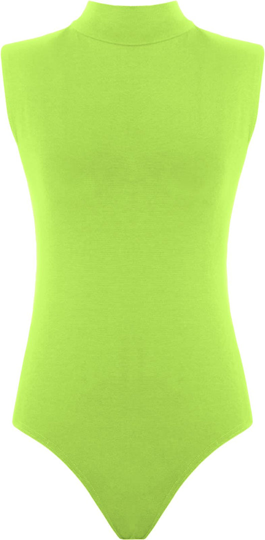 Womens Polo Turtle Neck Bodysuit Ladies Sleeveless Leotard Plain Stretchy Plunge Casual Party T-Shirt Top Sizes 16-22