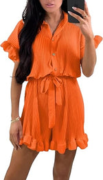 Load image into Gallery viewer, LUXEDIVA Ladies Belted Pleated Collard Smock Frill Shirt Dress Women Gold Button Playsuit
