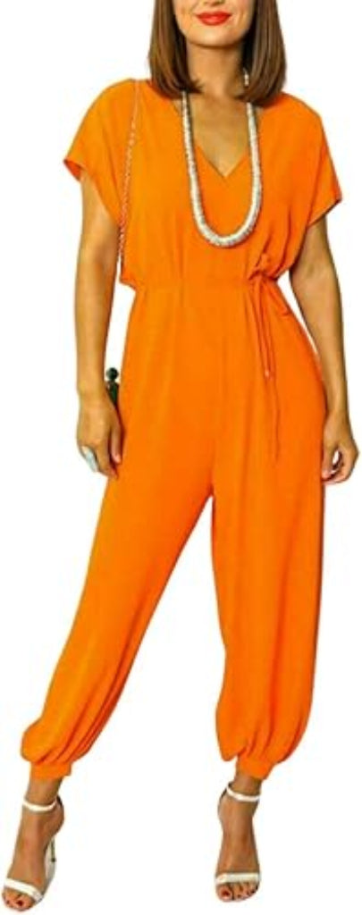 LUXE DIVA Womens V Neck Tie Belted Waist Parachute Wide Leg Jumpsuit Ladies Harem Playsuit