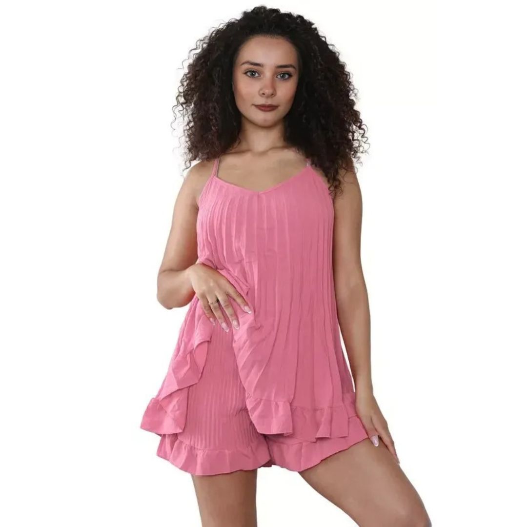 LUXE DIVA Women's Sleeveless Cami Pleated Frill Hem Top Camisole Dress & Matching Frill Shorts Co-Ord Set Chic Italian Design Versatile Summer Ensemble UK Size 8-14