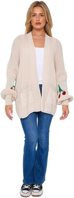 Load image into Gallery viewer, LUXE DIVA Womens Knitted Cherry Print Balloon Sleeves Cardigan
