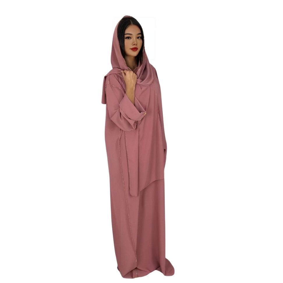 LUXE DIVA Womens Gold Trim Dubai Abaya With Scarf Islamic Muslim Jilbab Long Maxi Dress