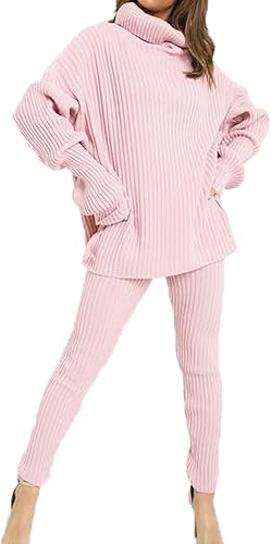 LUXE DIVA Ladies Chunky Cable Knitted Polo High Neck Top Leggings Lounge wear Suit Set