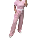 Load image into Gallery viewer, LUXE DIVA Ladies Ribbed Contrast Cap Sleeve Crop Top &amp; Trouser 2 Piece Co ord Set 8-18 Comfort Fit Womenswear Chic Comfortable Cropped Suits Lady Basic
