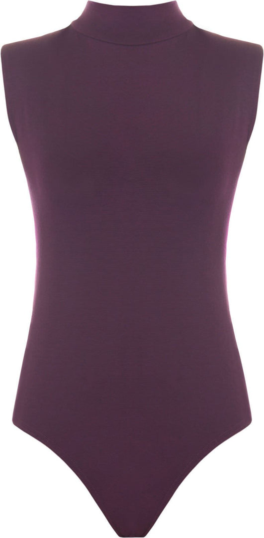 Womens Polo Turtle Neck Bodysuit Ladies Sleeveless Leotard Plain Stretchy Plunge Casual Party T-Shirt Top Sizes 16-22