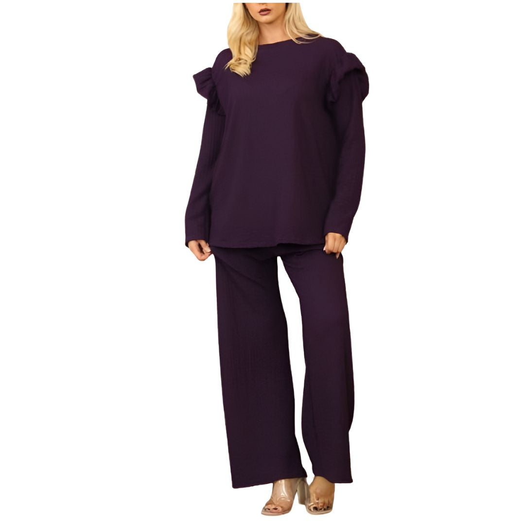 LUXE DIVA Ladies Frill arm Long Sleeve 2pcs Women's Wide Flared Leggings Trouser Loungewear Suit