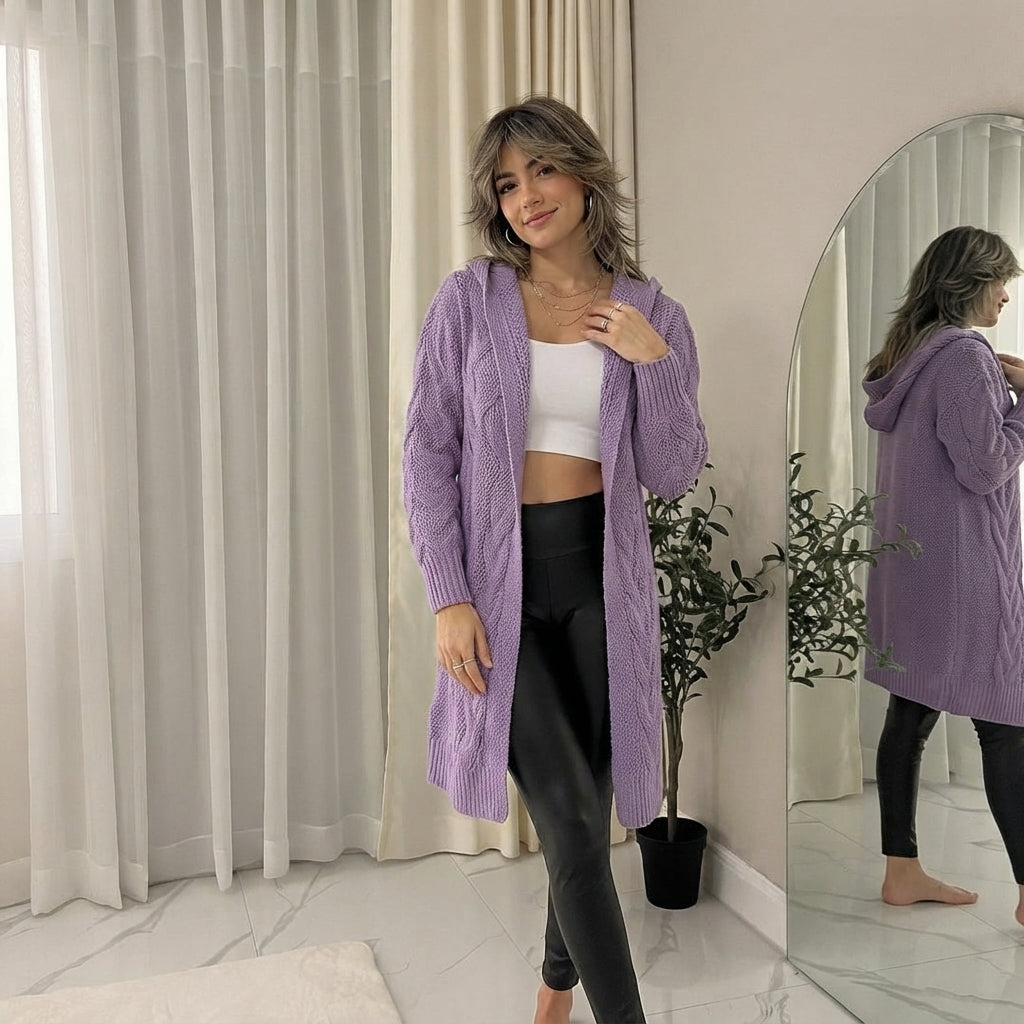 LUXE DIVA Ladies Cable Knit Hooded Open Front Cardigan Italian Style