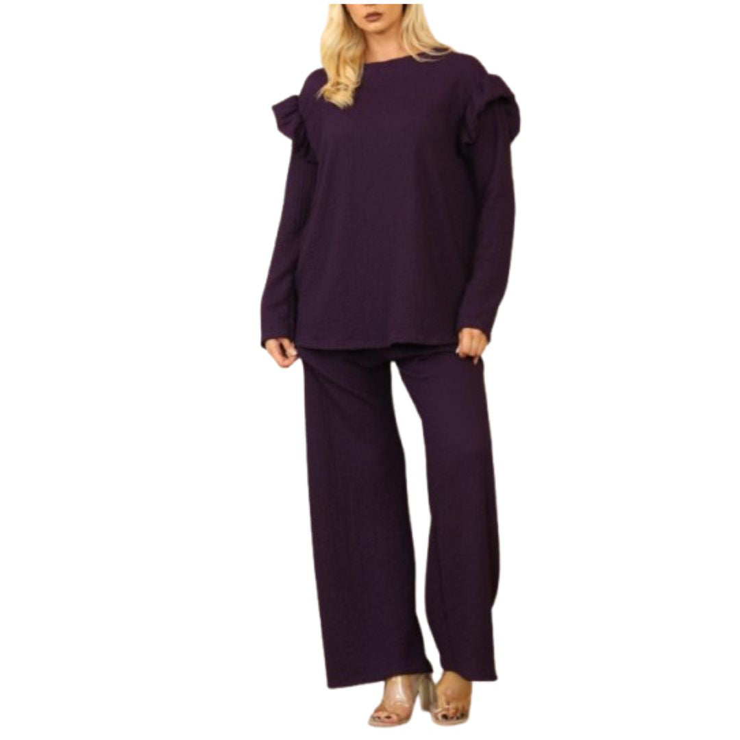 LUXE DIVA Ladies Frill arm Long Sleeve 2pcs Women's Wide Flared Leggings Trouser Loungewear Suit