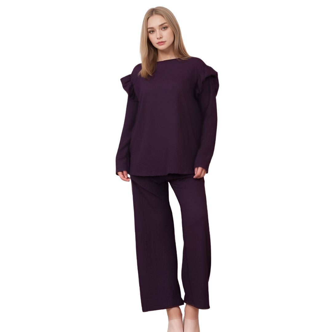LUXE DIVA Ladies Frill arm Long Sleeve 2pcs Women's Wide Flared Leggings Trouser Loungewear Suit