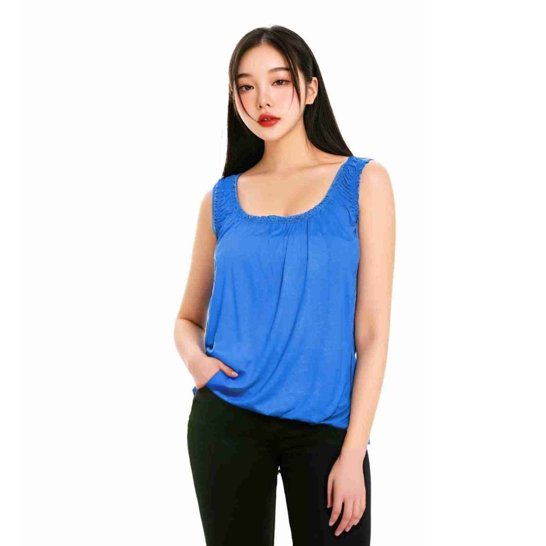LUXE DIVA Women’s Gathered Round Scoop Neckline Swing Trim Sleeveless Plain Tank Top Wide Straps Ladies Elastic Bubble Hem Summer Camisole Baggy Vest Blouse Top