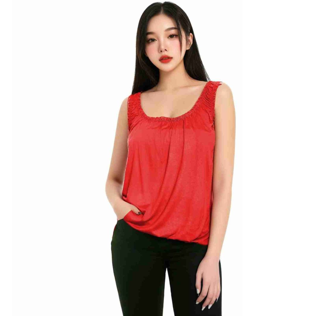 LUXE DIVA Women’s Gathered Round Scoop Neckline Swing Trim Sleeveless Plain Tank Top Wide Straps Ladies Elastic Bubble Hem Summer Camisole Baggy Vest Blouse Top