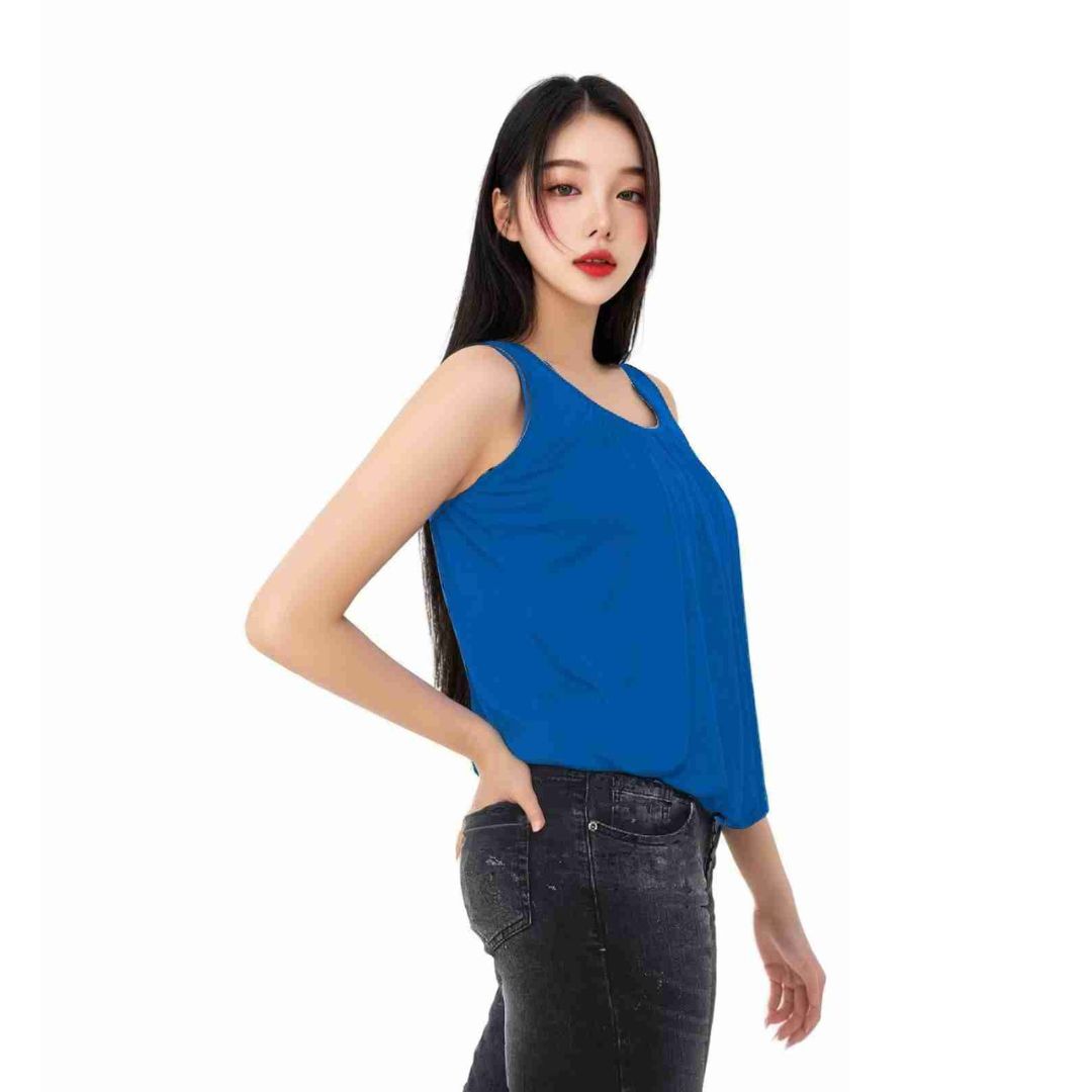 LUXE DIVA Women’s Gathered Round Scoop Neckline Swing Trim Sleeveless Plain Tank Top Wide Straps Ladies Elastic Bubble Hem Summer Camisole Baggy Vest Blouse Top