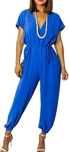 LUXE DIVA Women's V Neck Wrap Over Ankle Tie Waist Jumpsuit Ladies Harem Wide Leg Playsuit
