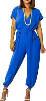 Load image into Gallery viewer, LUXE DIVA Women&#39;s V Neck Wrap Over Ankle Tie Waist Jumpsuit Ladies Harem Wide Leg Playsuit
