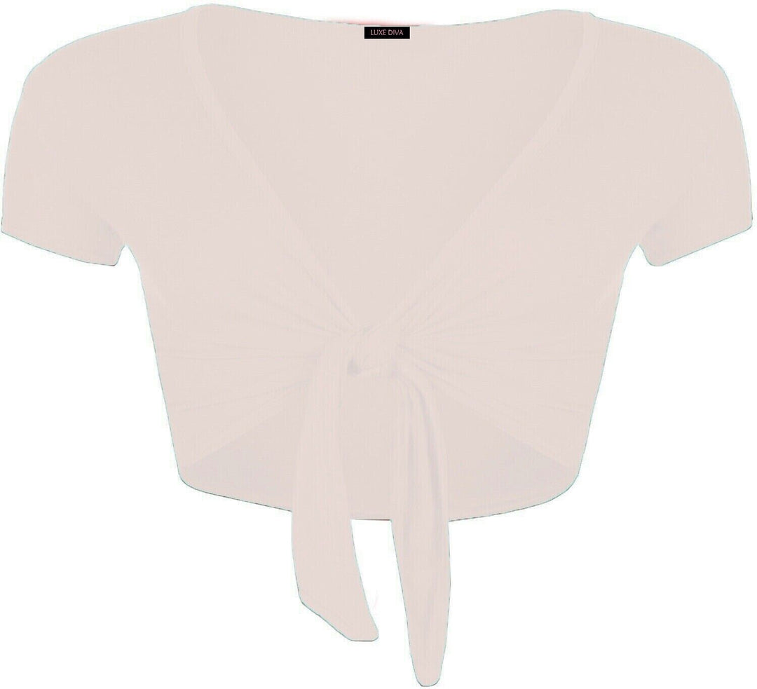 Ladies Plain Cap Short Sleeve Tie Up Front Bolero Shrug Cropped Cardigan Top