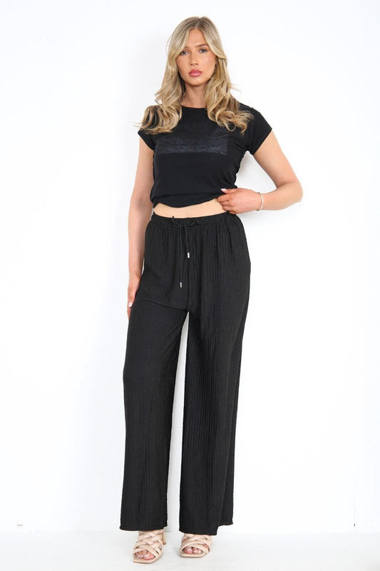 LUXE DIVA Women's Crinkle Cheesecloth Palazzo Trousers