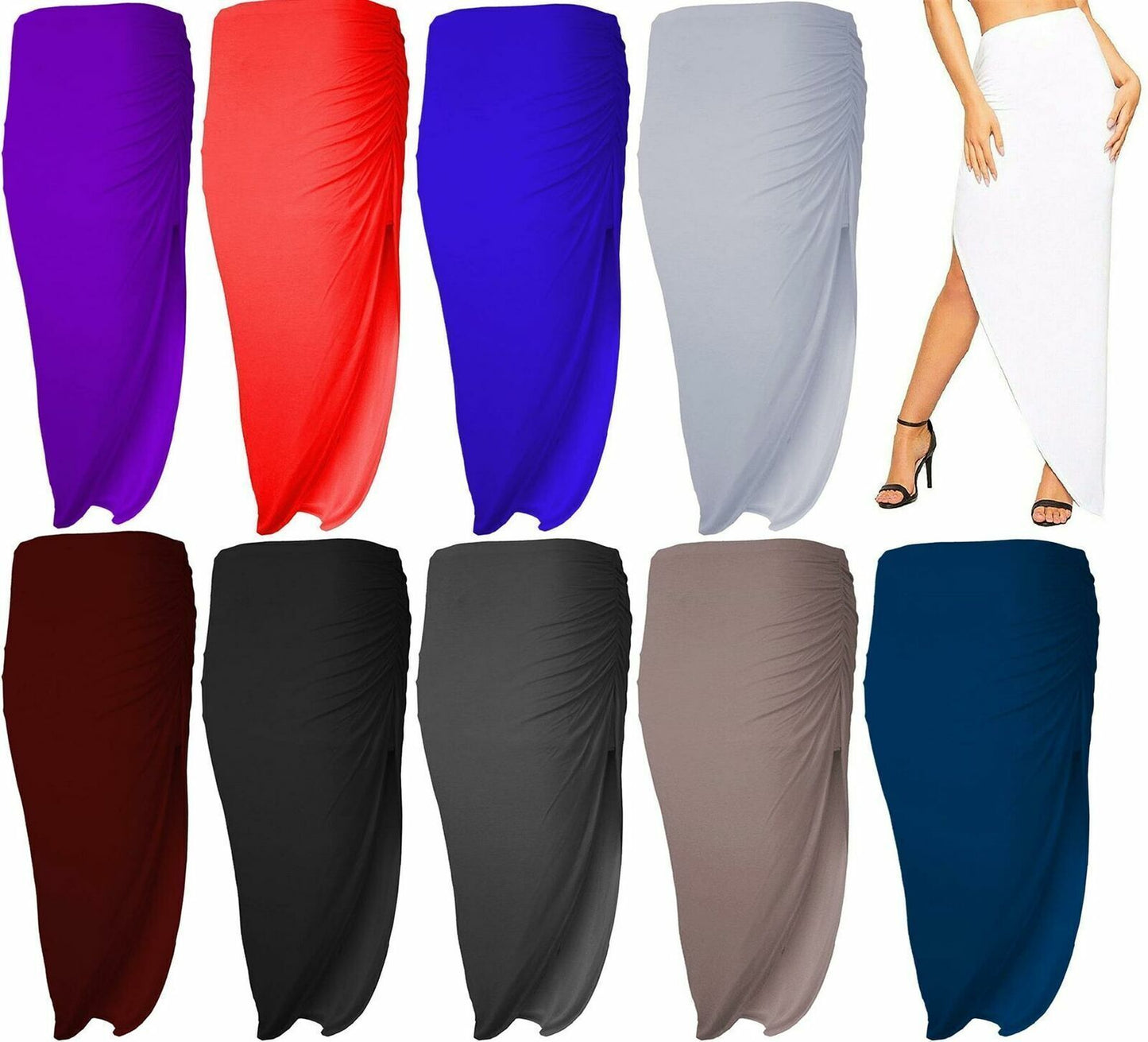LUXE DIVA Women's Ruched Side Slit Stretch Maxi Skirt