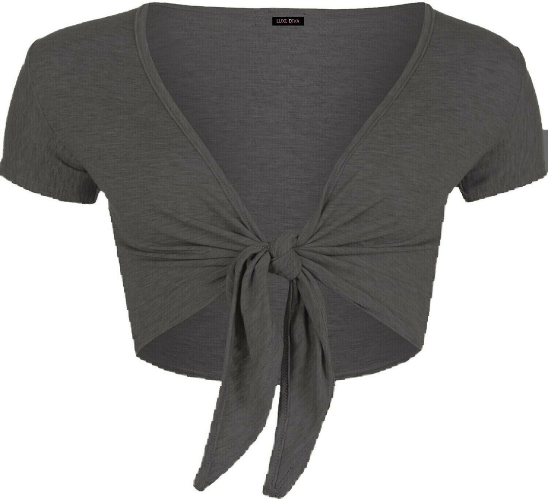 Ladies Plain Cap Short Sleeve Tie Up Front Bolero Shrug Cropped Cardigan Top