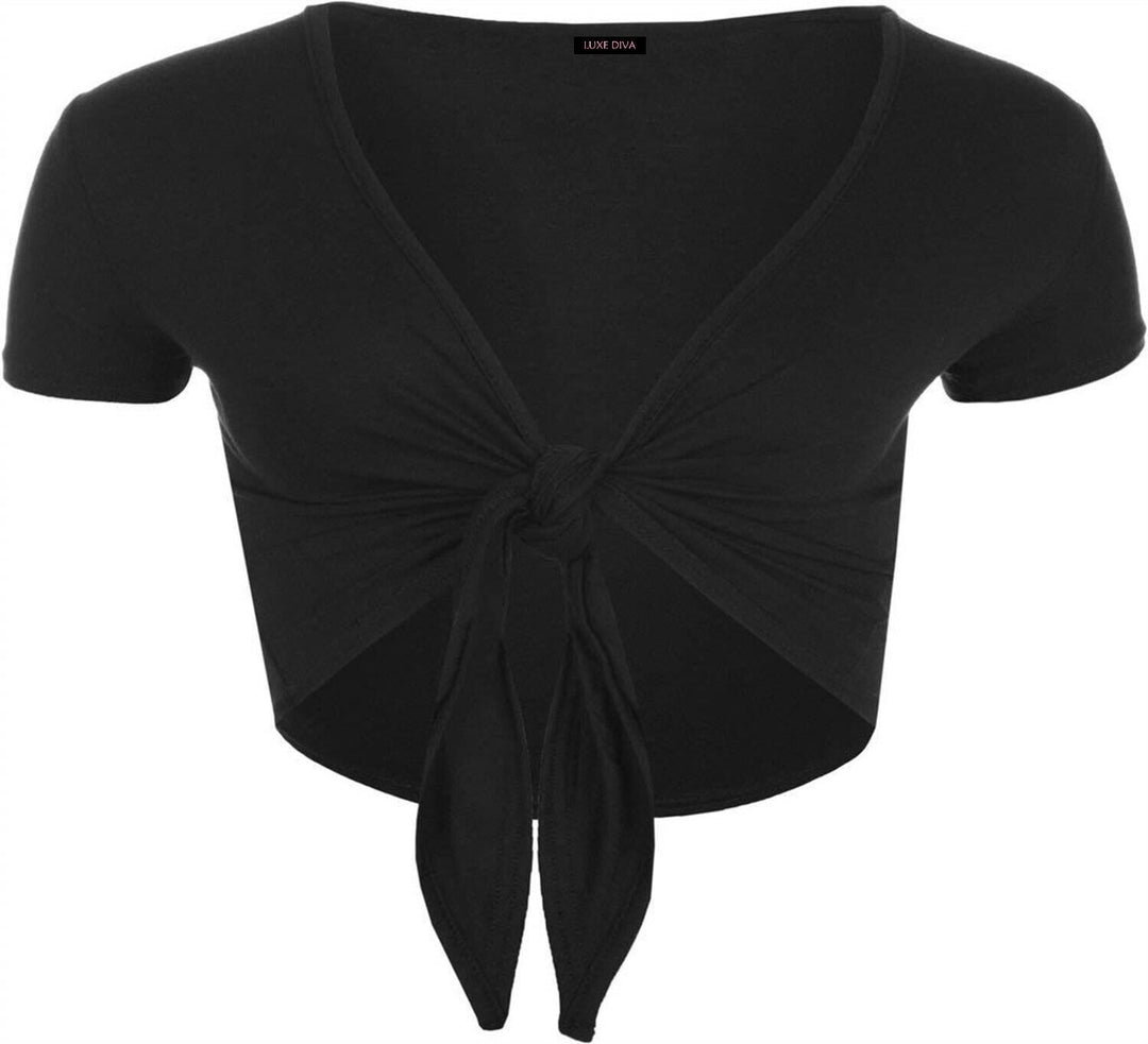 Ladies Plain Cap Short Sleeve Tie Up Front Bolero Shrug Cropped Cardigan Top