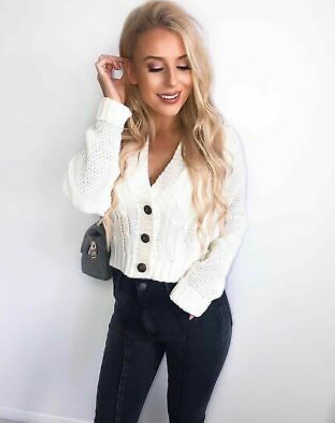 LUXE DIVA Women's Chunky Cable Knit Crop Cardigan