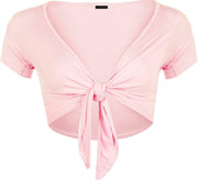 Ladies Plain Cap Short Sleeve Tie Up Front Bolero Shrug Cropped Cardigan Top