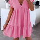 Women's V-Neck Frill Layered Pleated Summer Beach Smock Swing Mini Dress Top New Casual Fabric Short Womenswear Ladies Underwear Lady Casual Wear