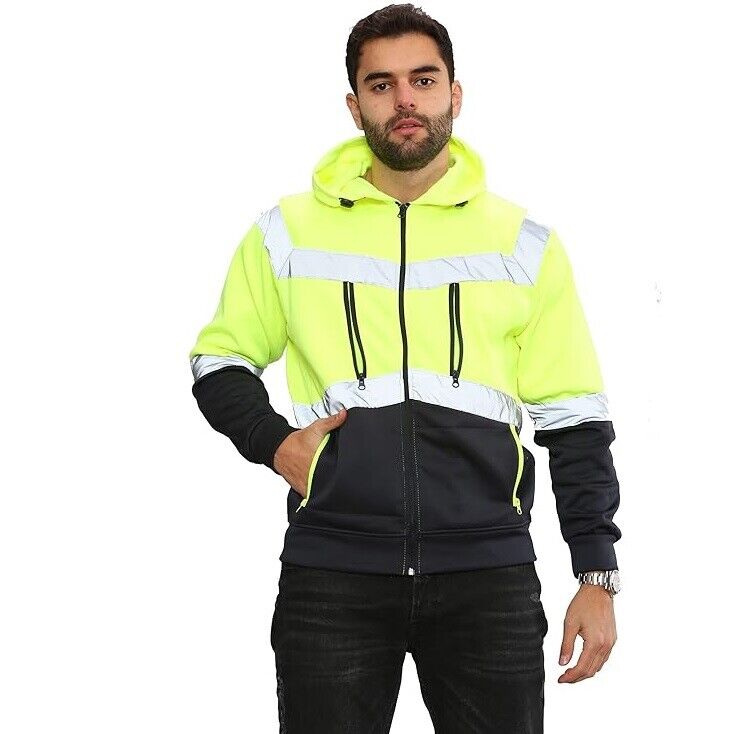 MenÕs Hi Vis Hoodie Ð 5 Zip 4 Pocket Reflective Work Sweatshirt