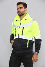 Load image into Gallery viewer, LUXE DIVA Hi Viz Vis High Visibility Jacket 5 Zips 4 Pocket Hoodie Work Zip Hooded Top
