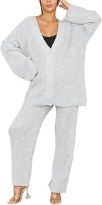Load image into Gallery viewer, Ladies 2 Piece Italian Knitted 4 Button Cardigan Set Womens Wide Leg Lounge Wear Co-Ord Bottom Tracksuits
