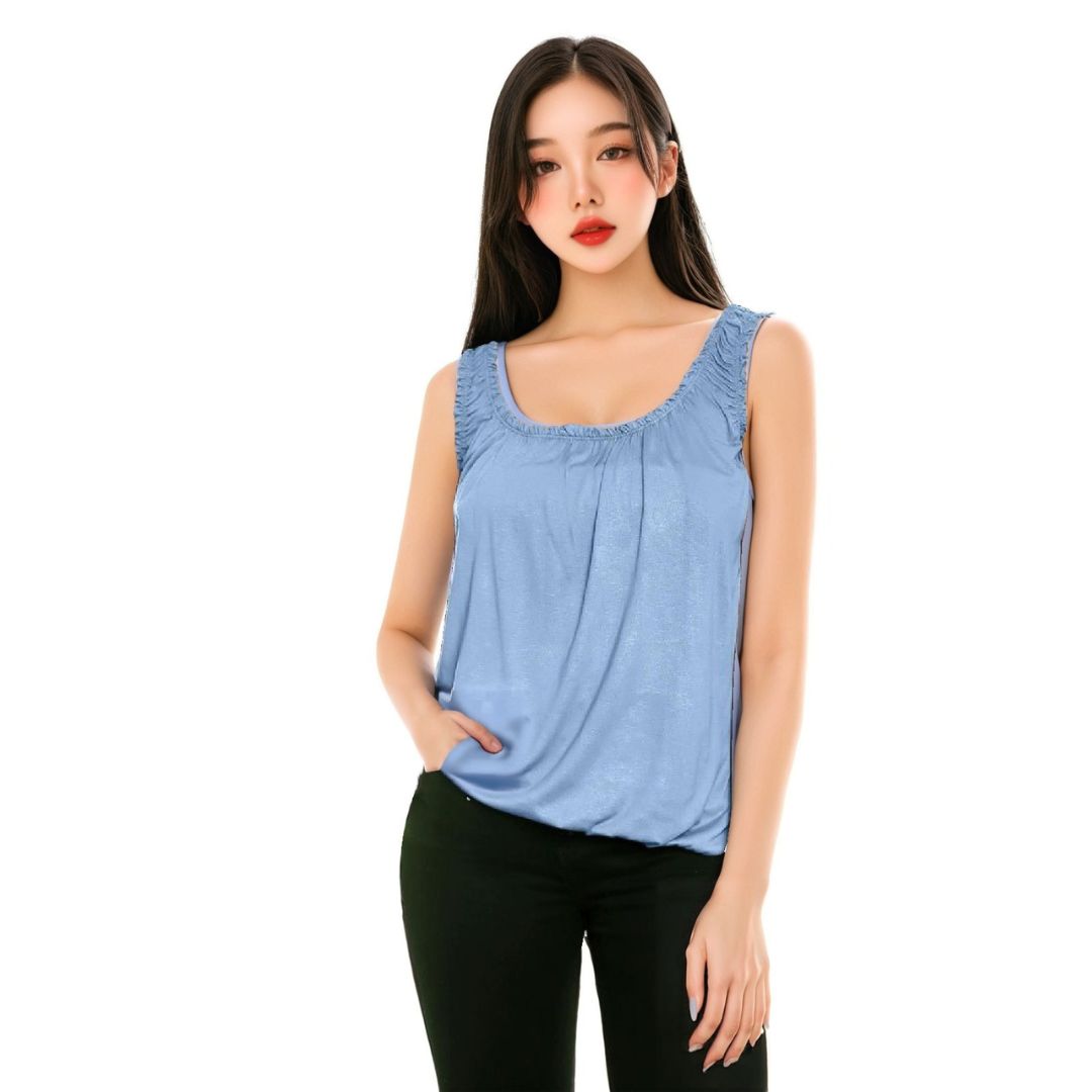LUXE DIVA Women’s Gathered Round Scoop Neckline Swing Trim Sleeveless Plain Tank Top Wide Straps Ladies Elastic Bubble Hem Summer Camisole Baggy Vest Blouse Top