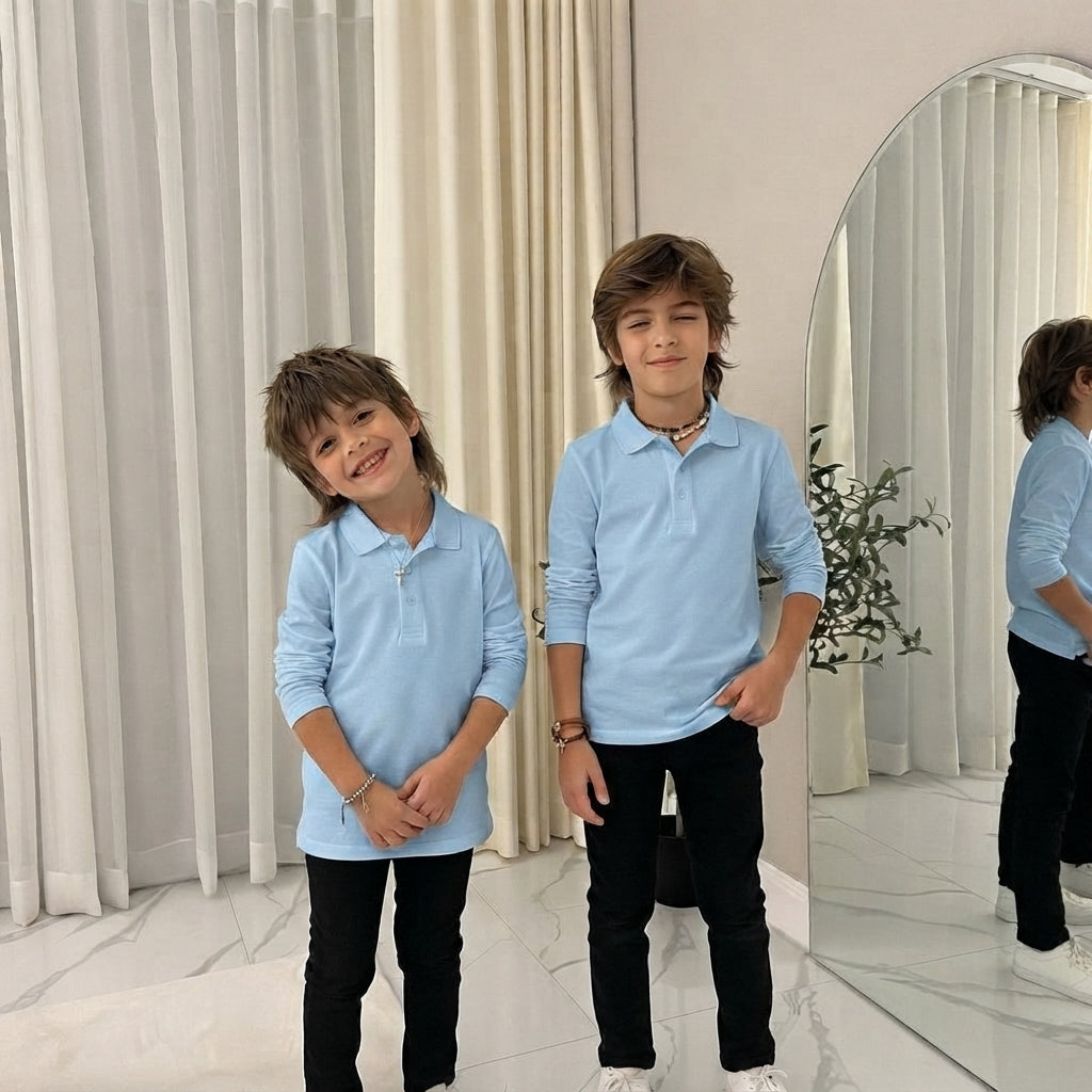 LUXE DIVA Kids Plain Long Sleeve Polo Shirt School Uniform Top Boys Girls