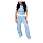 Load image into Gallery viewer, LUXE DIVA Ladies Ribbed Contrast Cap Sleeve Crop Top &amp; Trouser 2 Piece Co ord Set 8-18 Comfort Fit Womenswear Chic Comfortable Cropped Suits Lady Basic
