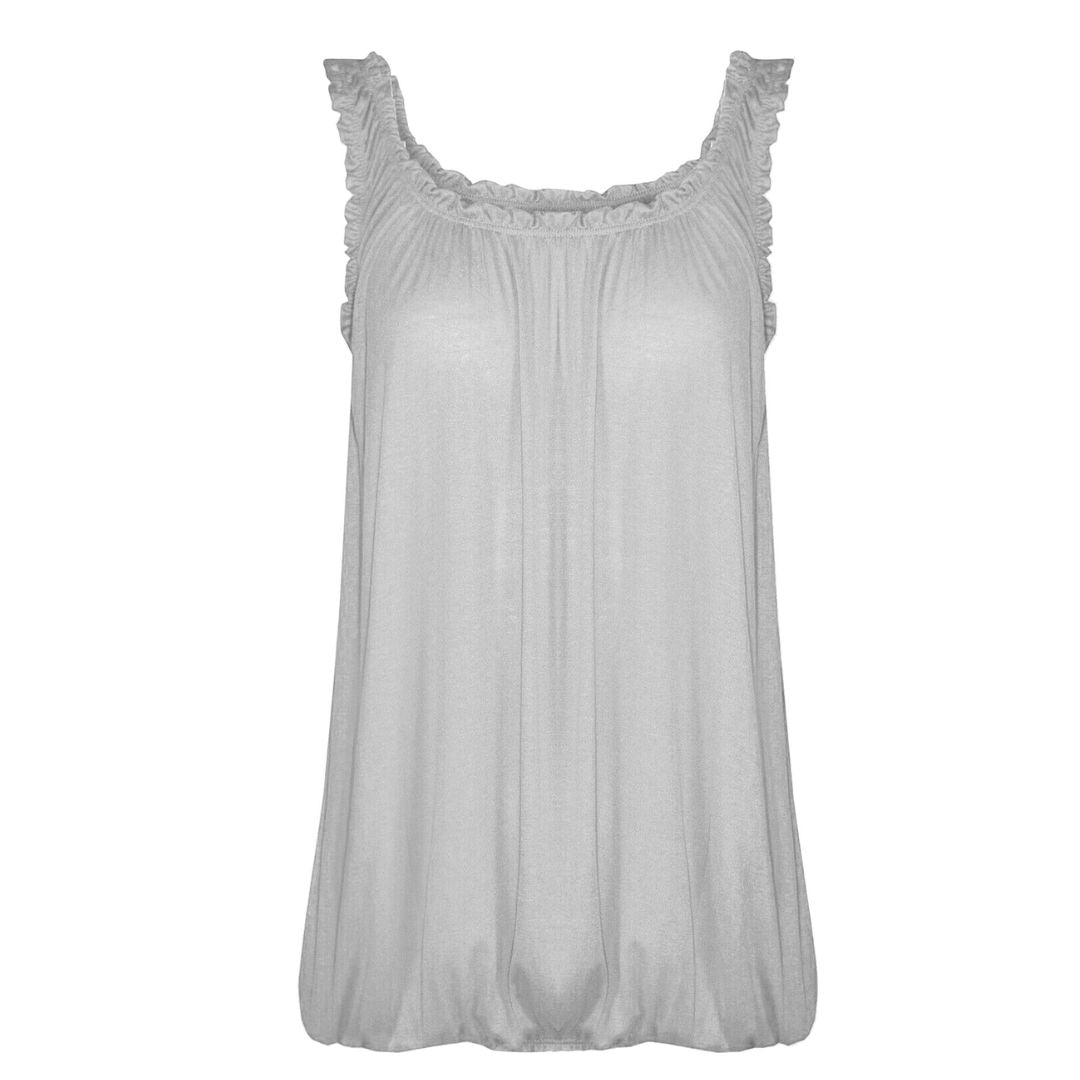 LUXE DIVA Women’s Gathered Round Scoop Neckline Swing Trim Sleeveless Plain Tank Top Wide Straps Ladies Elastic Bubble Hem Summer Camisole Baggy Vest Blouse Top