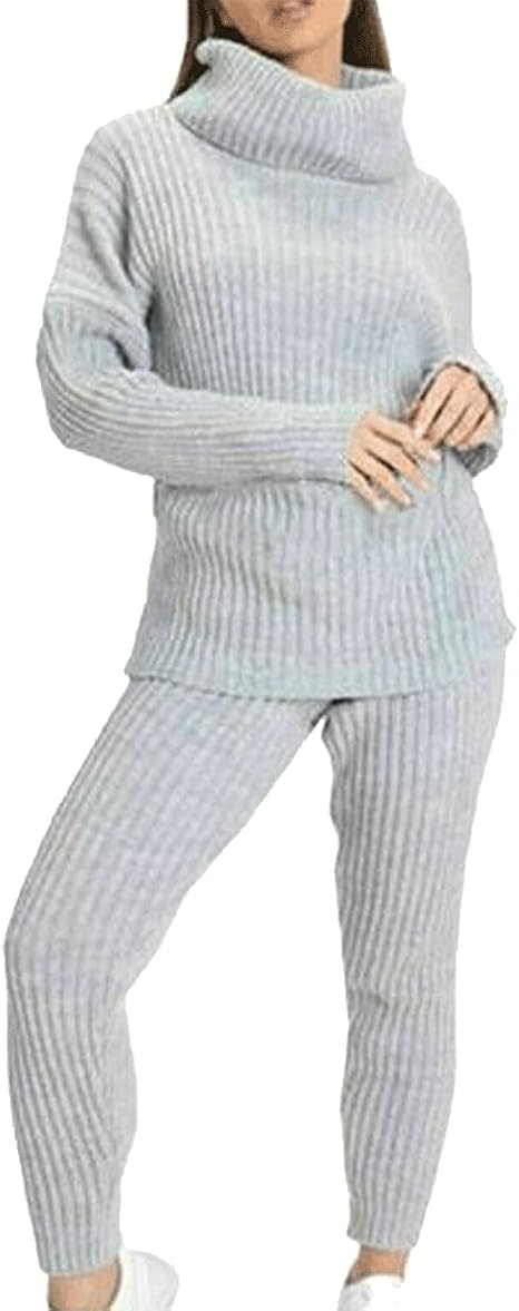 LUXE DIVA Ladies Chunky Cable Knitted Polo High Neck Top Leggings Lounge wear Suit Set