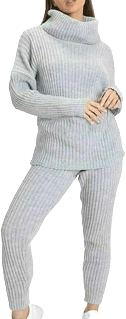 LUXE DIVA Ladies Chunky Cable Knitted Polo High Neck Top Leggings Lounge wear Suit Set
