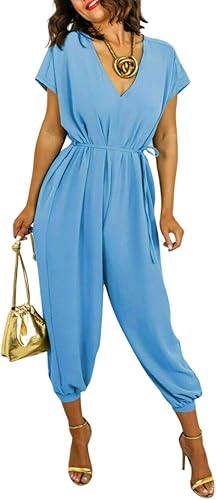 LUXE DIVA Women's V Neck Wrap Over Ankle Tie Waist Jumpsuit Ladies Harem Wide Leg Playsuit