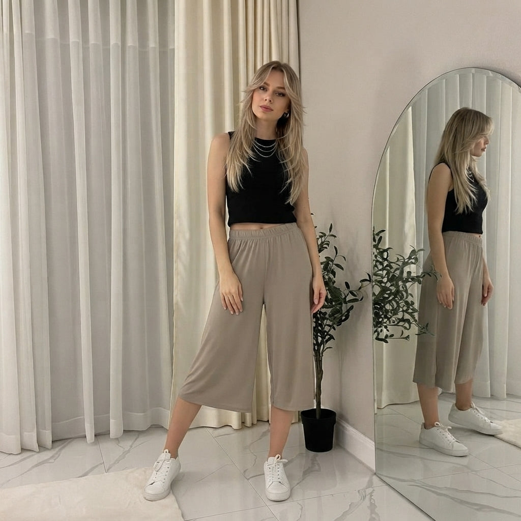 LUXE DIVA Women's 3/4 Palazzo Culottes Wide Leg Stretch