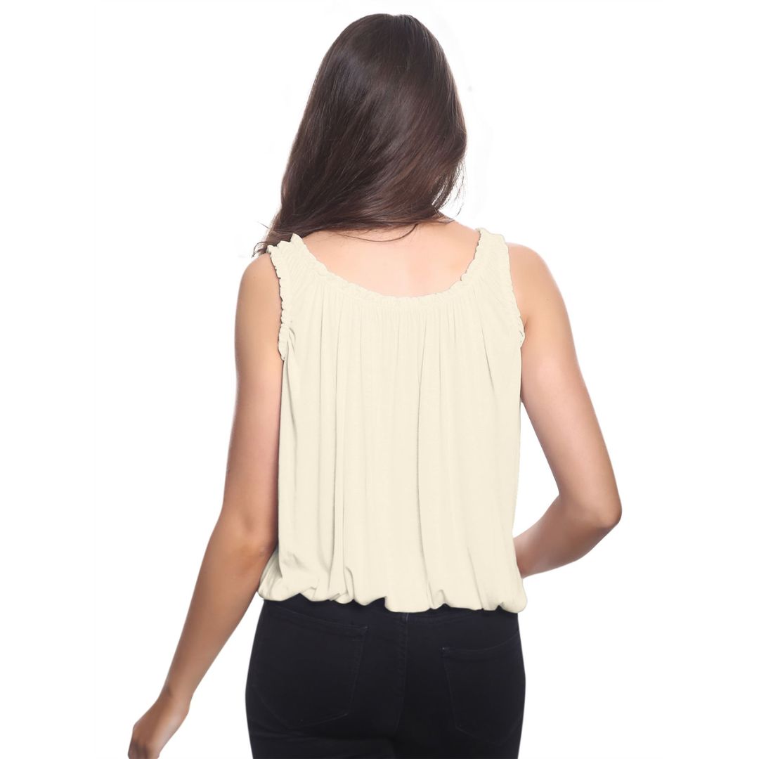 LUXE DIVA Women’s Gathered Round Scoop Neckline Swing Trim Sleeveless Plain Tank Top Wide Straps Ladies Elastic Bubble Hem Summer Camisole Baggy Vest Blouse Top
