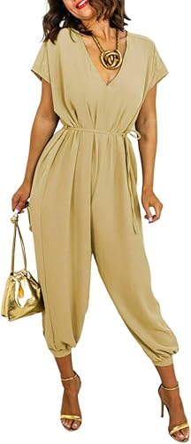 LUXE DIVA Women's V Neck Wrap Over Ankle Tie Waist Jumpsuit Ladies Harem Wide Leg Playsuit
